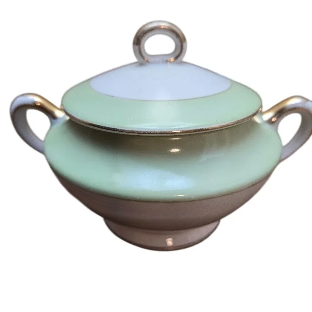 Vintage Nippon Hand Painted Sugar Bowl Creamer Set White-Pale‎ Green-Gold Trim